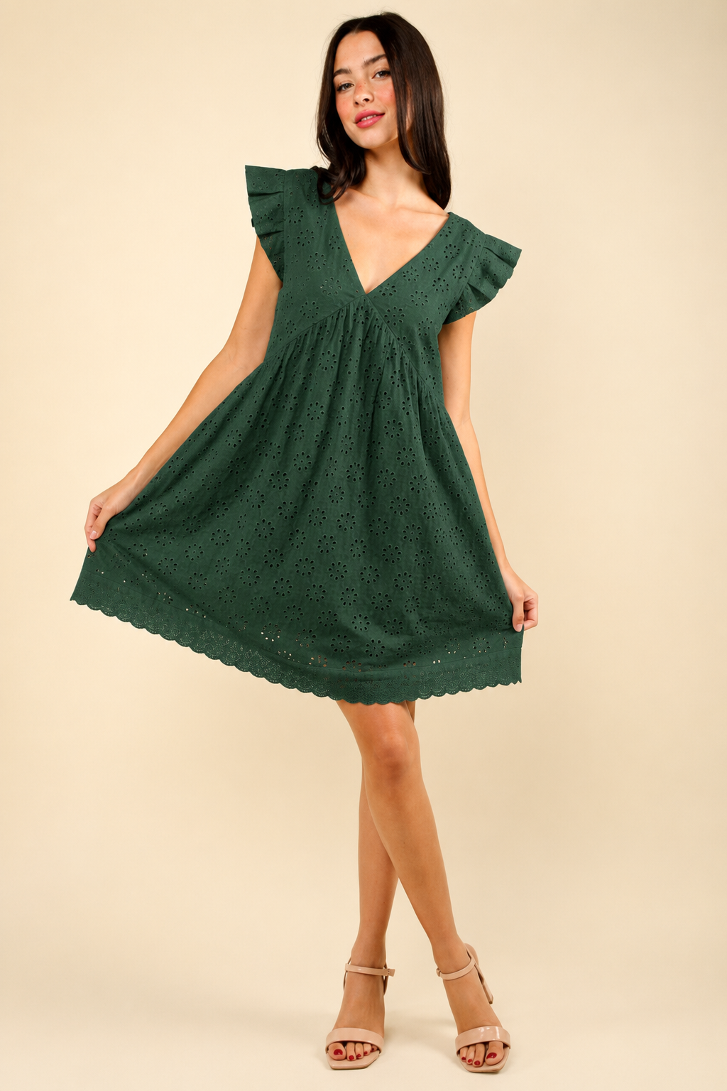 Lucia | Perforated Mini Dress with Ruffled Sleeves