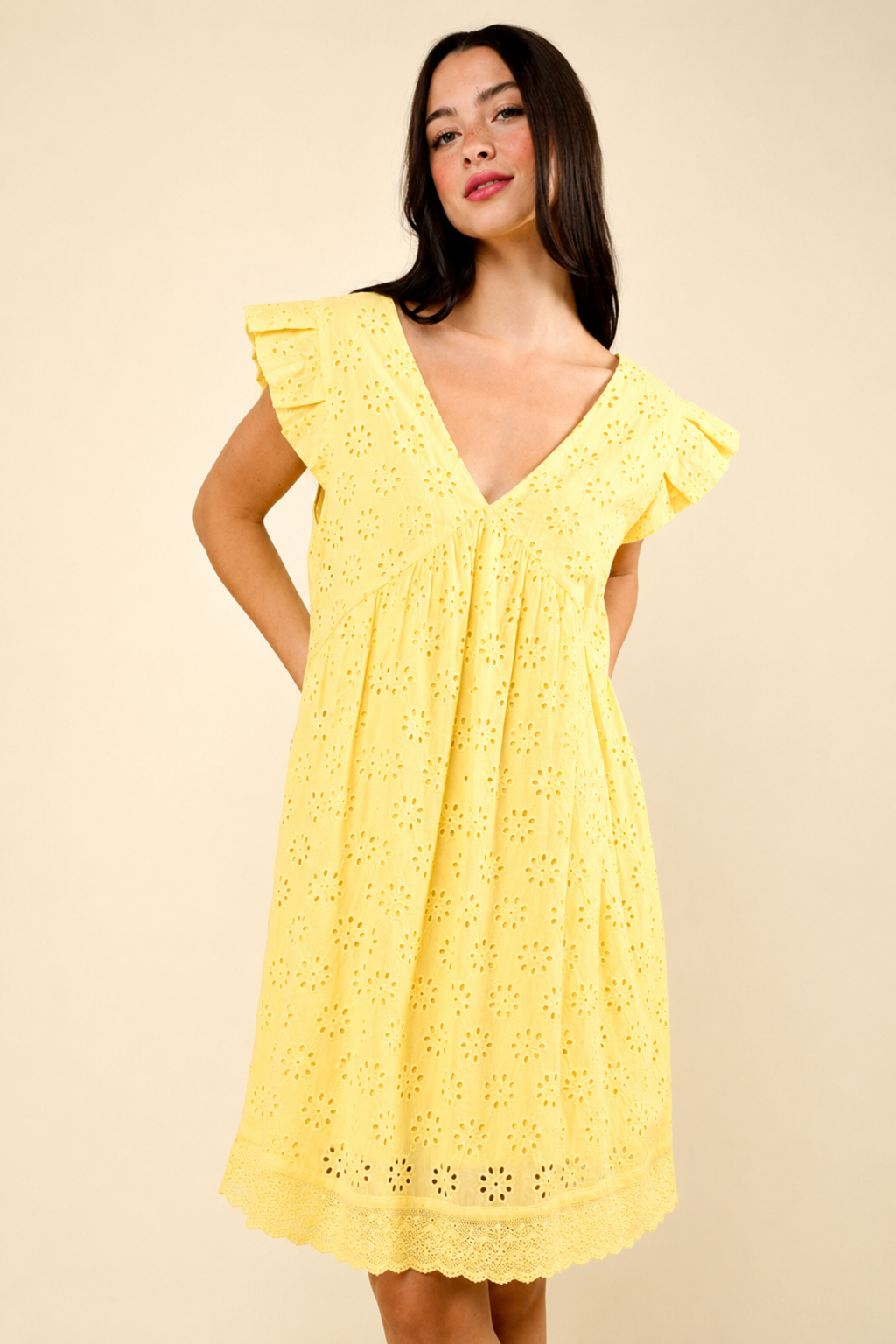 Lucia | Perforated Mini Dress with Ruffled Sleeves