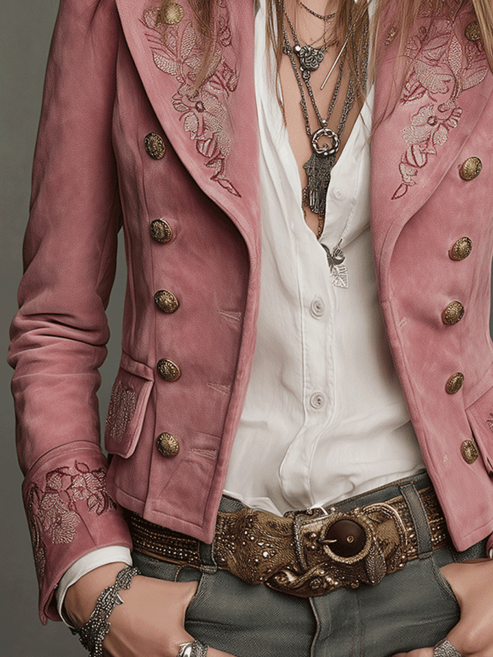 Retro Double-Breasted Suede Blazer Featuring Elegant Embroidery