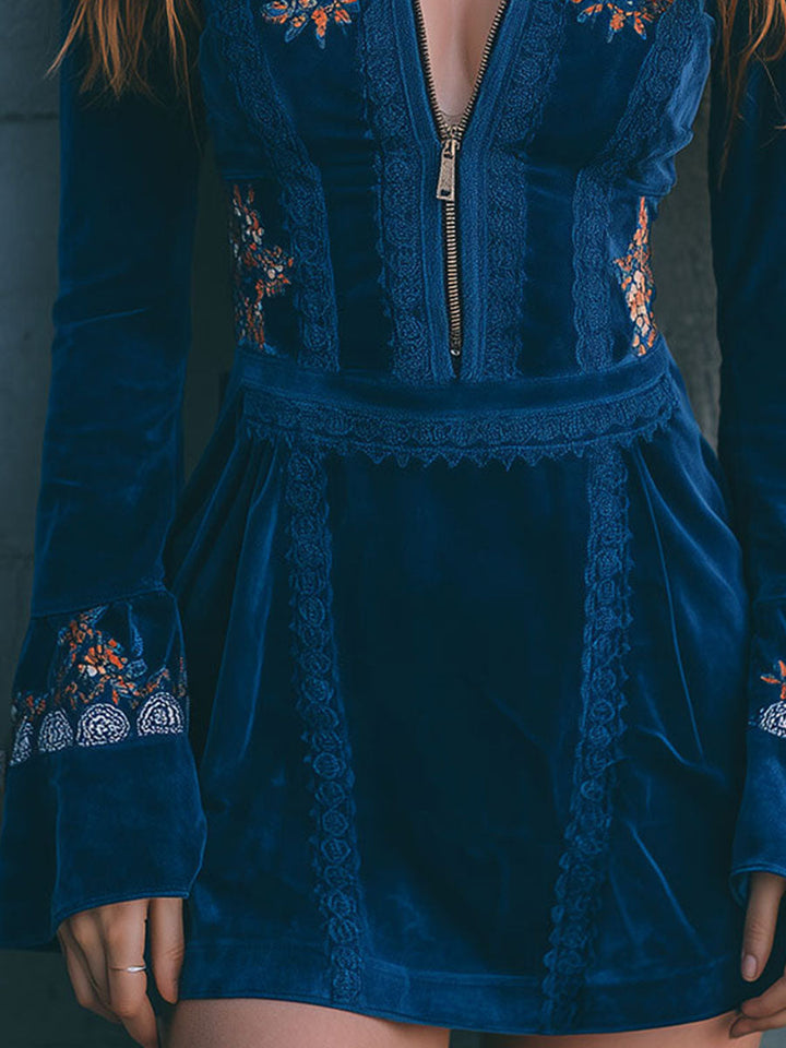 Blue Velvet Bohemian Mini Dress with Zipper and Lace Details