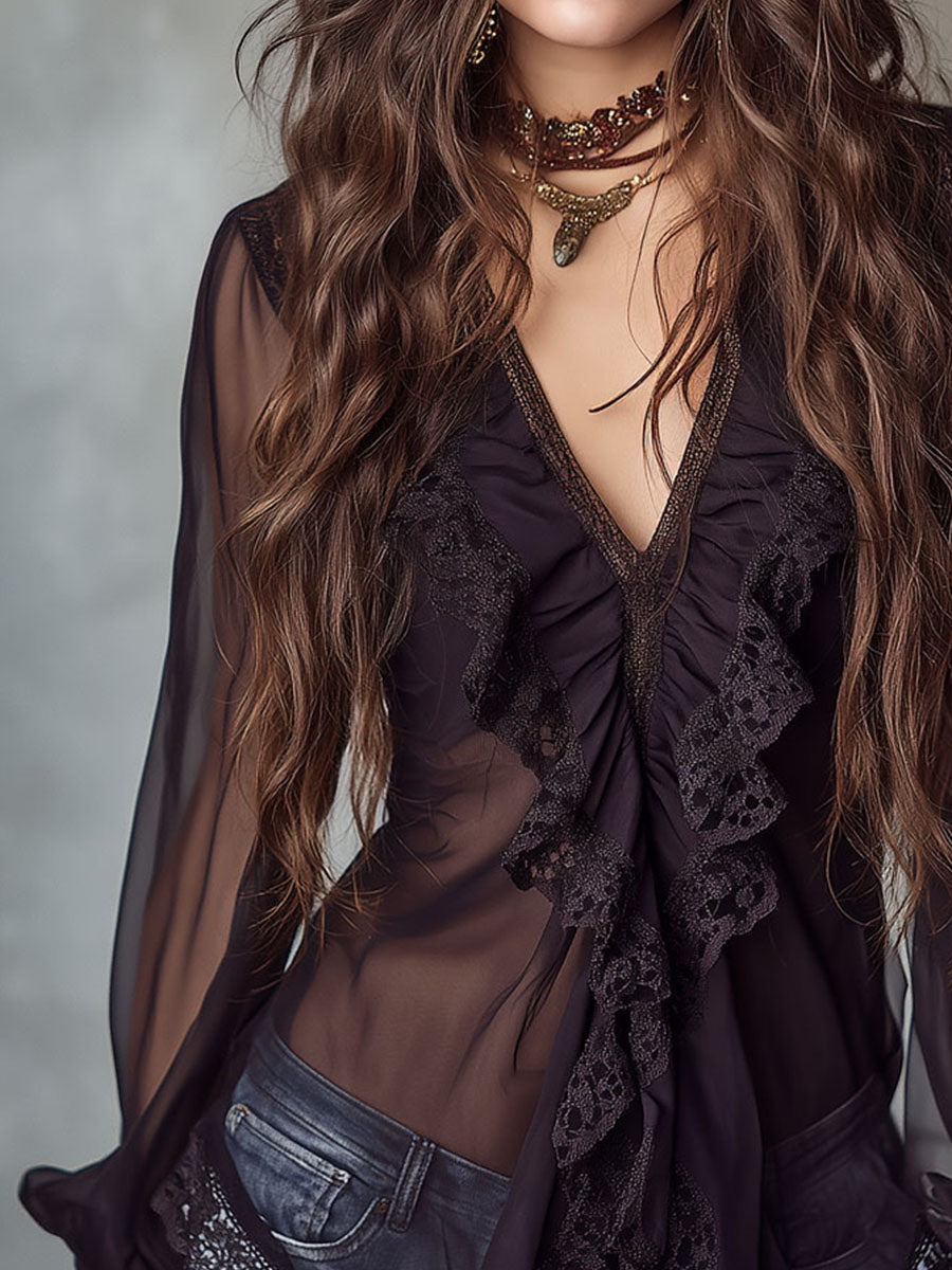Retro-Style Black Blouse with Lace and Puff Sleeves