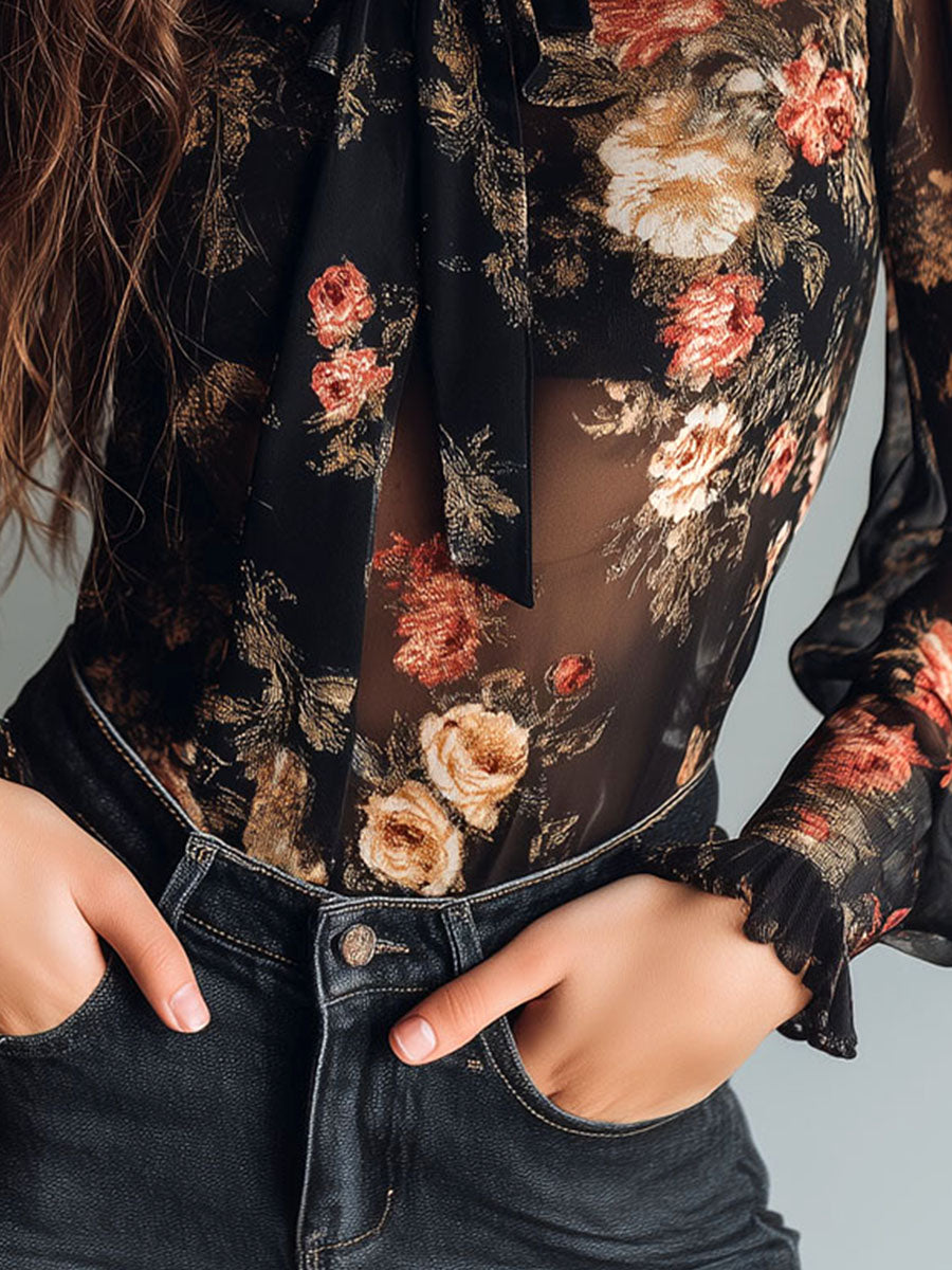 Retro Black Sheer Satin Blouse with Floral Design and Neck Tie