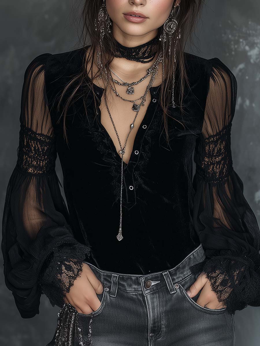 Retro Velvet Blouse with Henley Collar, Sheer Sleeves, and Lace Detailing