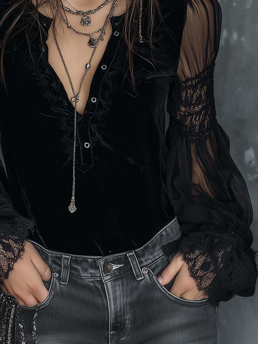 Retro Velvet Blouse with Henley Collar, Sheer Sleeves, and Lace Detailing