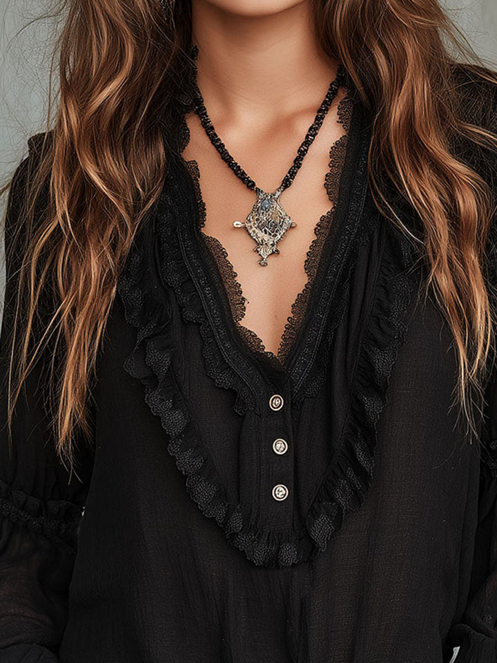 Retro Black Striped Blouse with Long Lace Sleeves