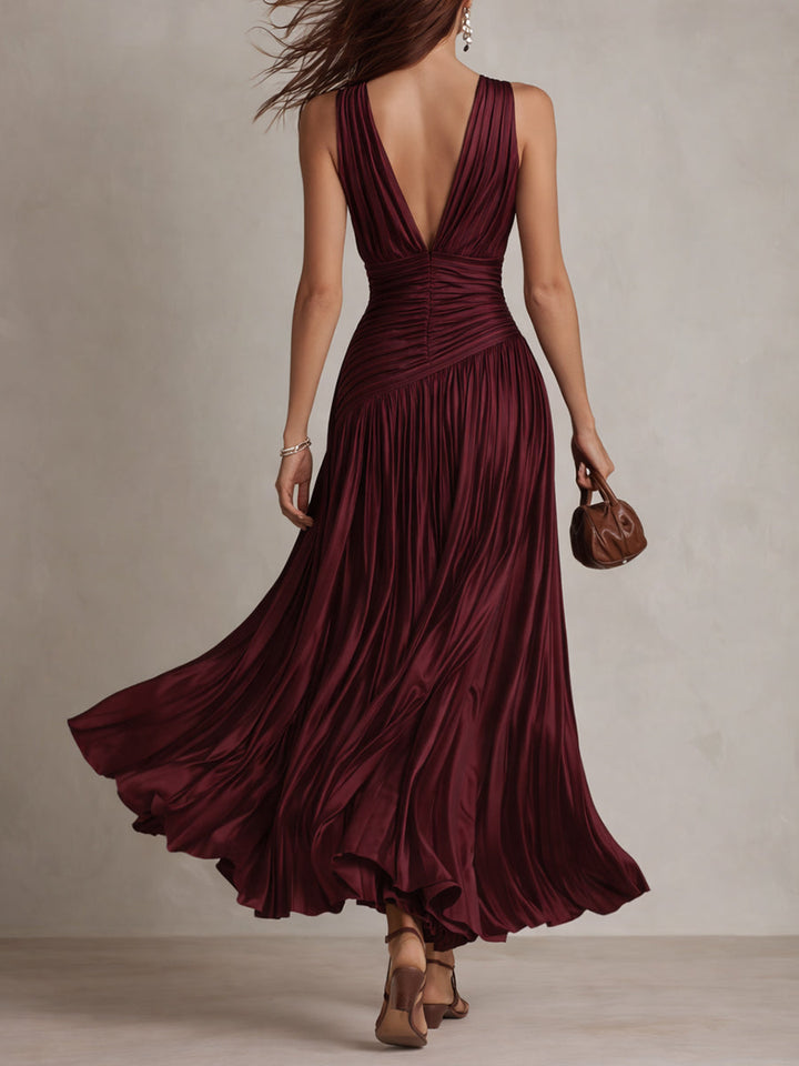 Retro Satin Striped Pleated Maxi Dress