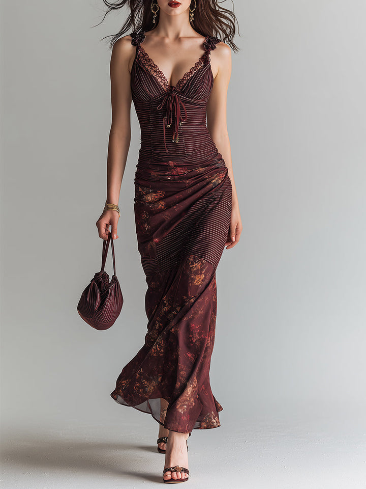 Vintage-Inspired Floral Maxi Dress with Striped Accents