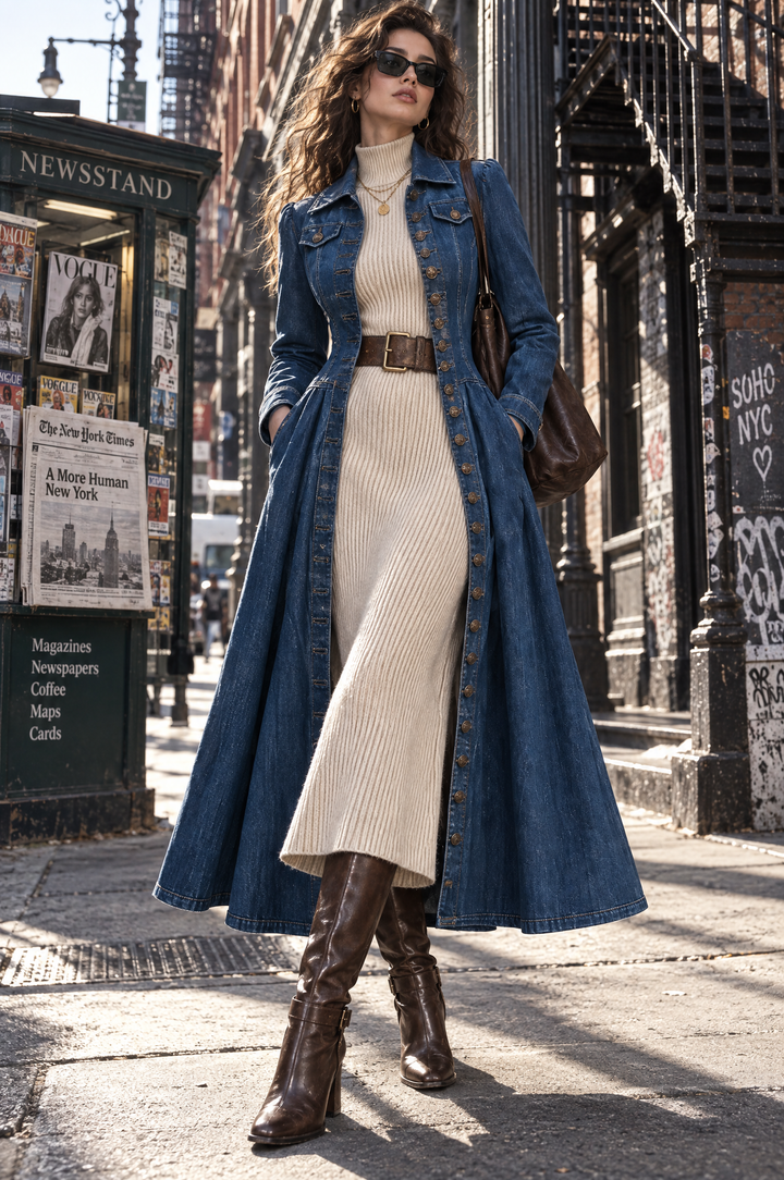 Vintage-Inspired Fitted Denim Coat with Single Button Closure