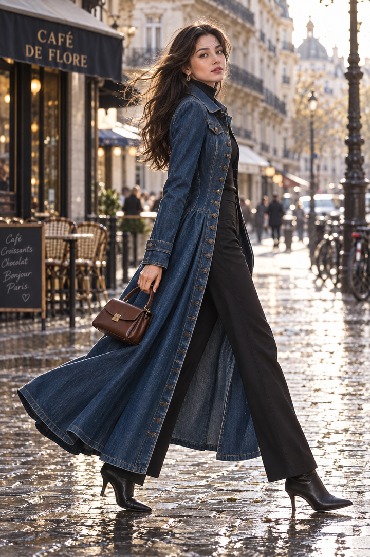 Vintage-Inspired Fitted Denim Coat with Single Button Closure