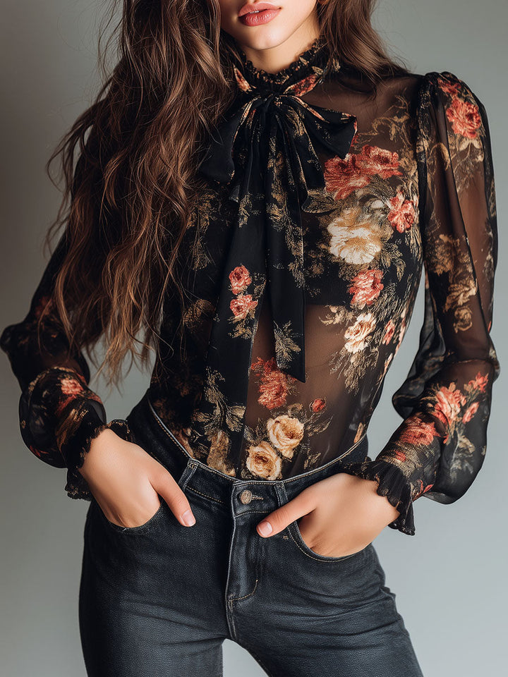 Retro Black Sheer Satin Blouse with Floral Design and Neck Tie