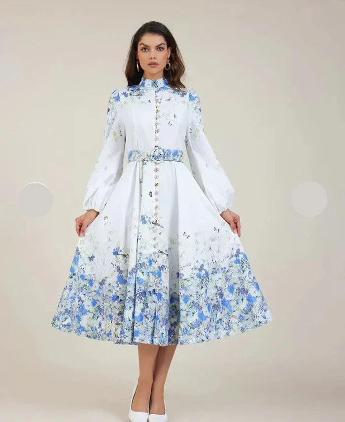 Amelia – Classic Floral Blue High Neck Elegance