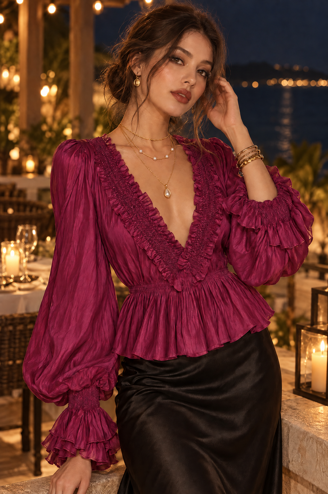 Striped Tencel V-Neck Blouse with Puff Sleeves in Boho Style