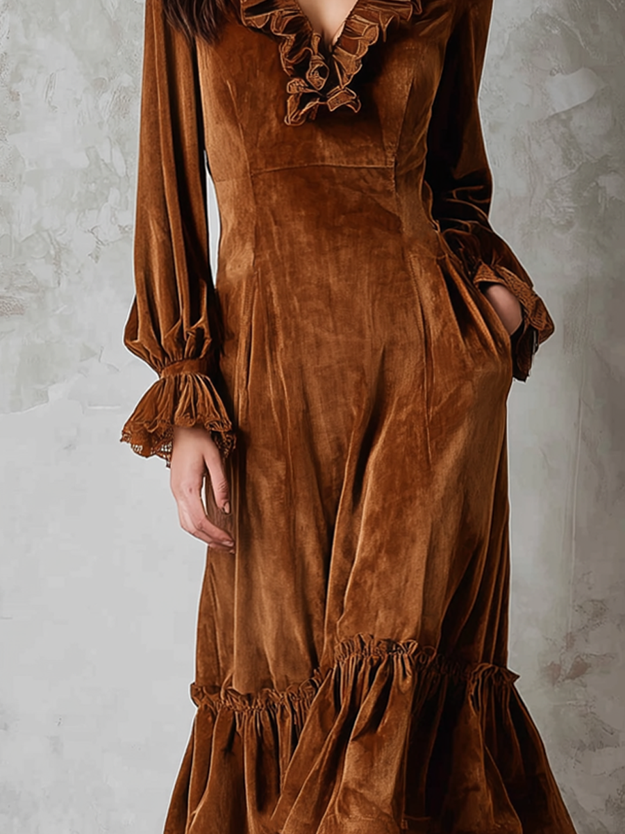Eco-Friendly Velvet Retro Midi Dress with Lace and Stitch Details