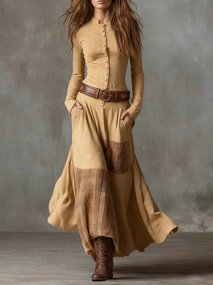 Živa | Belted Maxi Dress with Checkered Panels