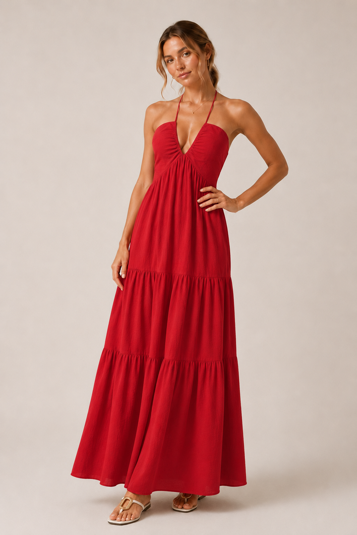 Andrea | Maxi Dress with Layered Design and Neck Tie