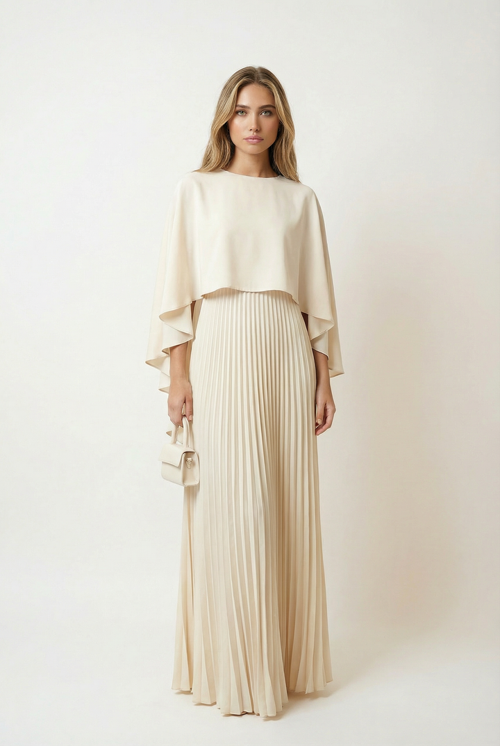 Maxi Wedding Dress with Batwing Sleeves and Satin Pleats