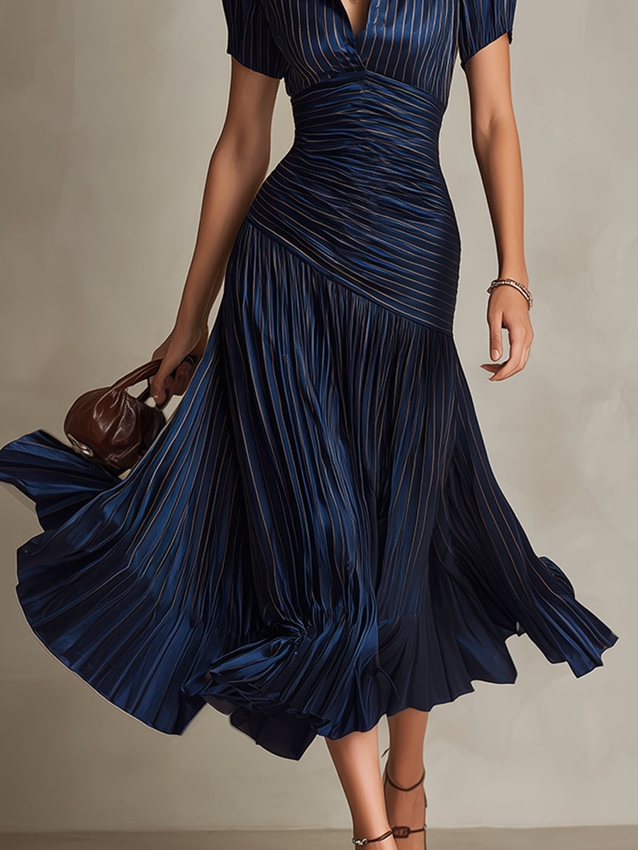 Vintage-Inspired Striped Satin Pleated Midi Bodycon Dress