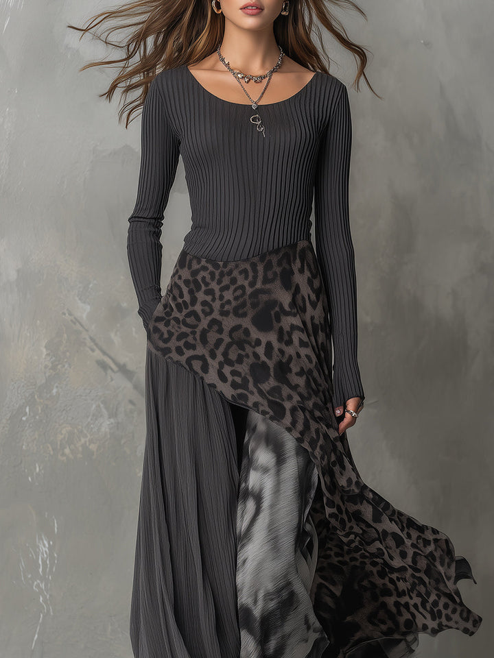 Leopard Print Long Dress with Asymmetrical Hemline