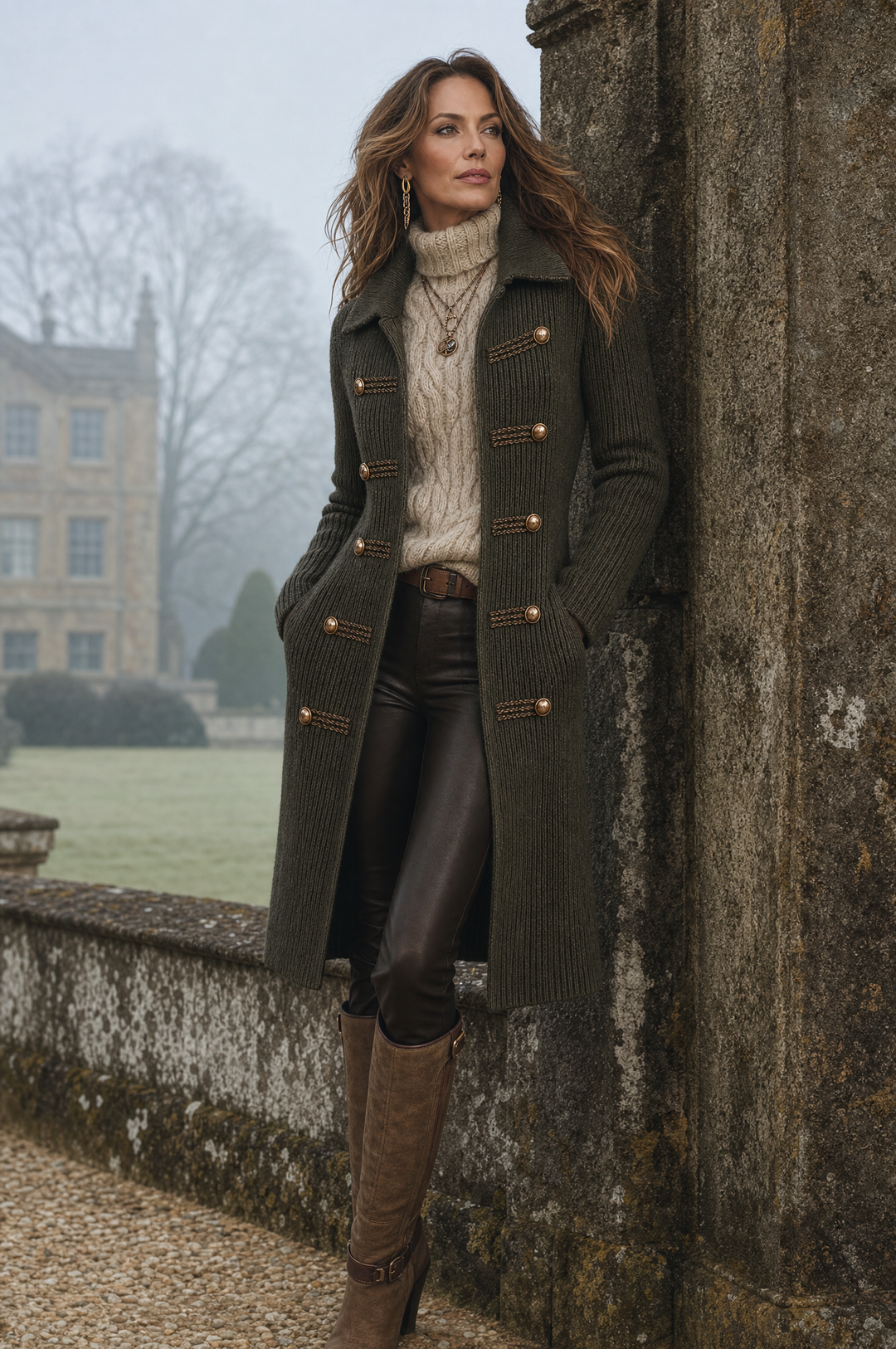 Military-Inspired Long Cardigan with Knit Fabric and Decorative Buttons