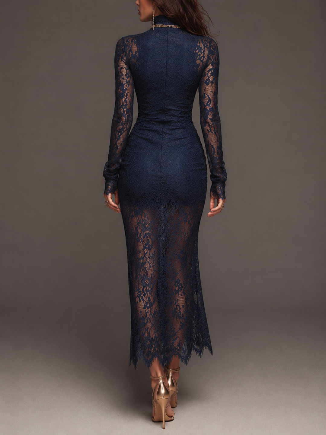 Chic Bohemian Midi Bodycon Dress with High Neck, Long Sleeves, and Floral Lace Split Detail