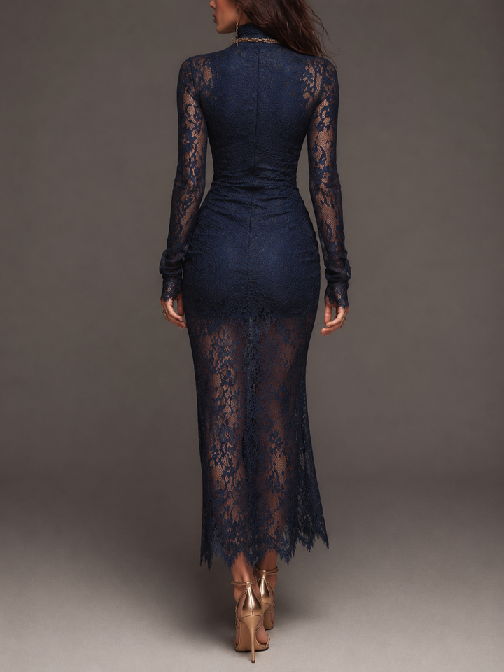 Chic Bohemian Midi Bodycon Dress with High Neck, Long Sleeves, and Floral Lace Split Detail