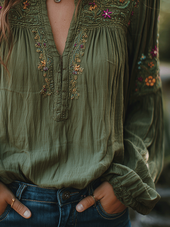 Olive Cotton Blouse with Floral Embroidery