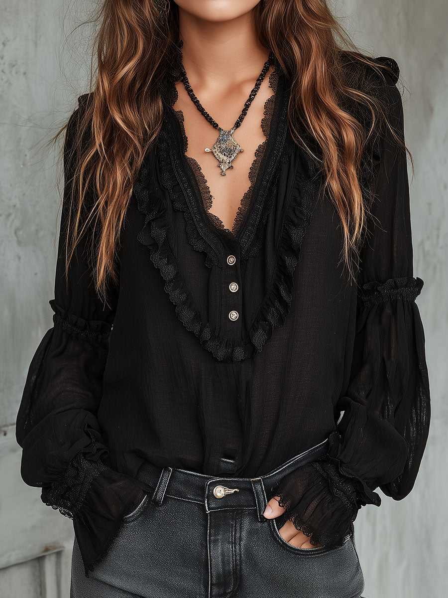 Retro Black Striped Blouse with Long Lace Sleeves