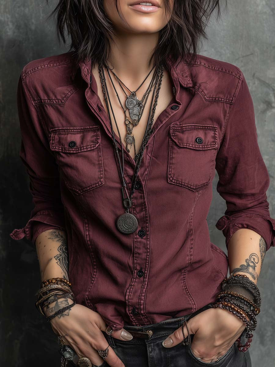 Vintage-Inspired Long Sleeve Denim Shirt with Chest Pocket