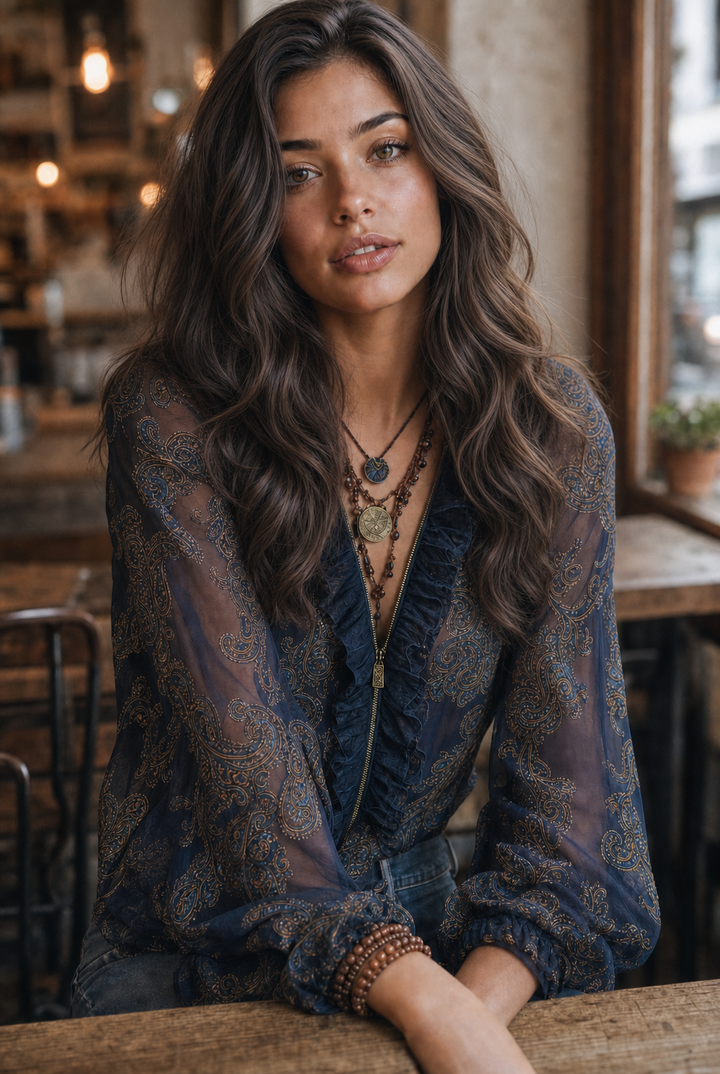 Paisley-Printed Nautical Baroque Chiffon Zip Blouse
