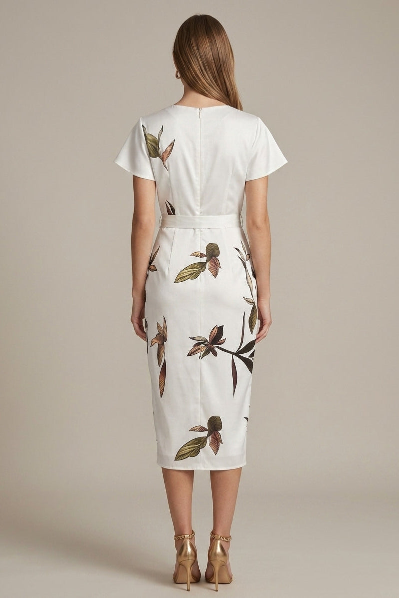 Stanislava | Leaf Pattern Shiny Wrap Midi Dress