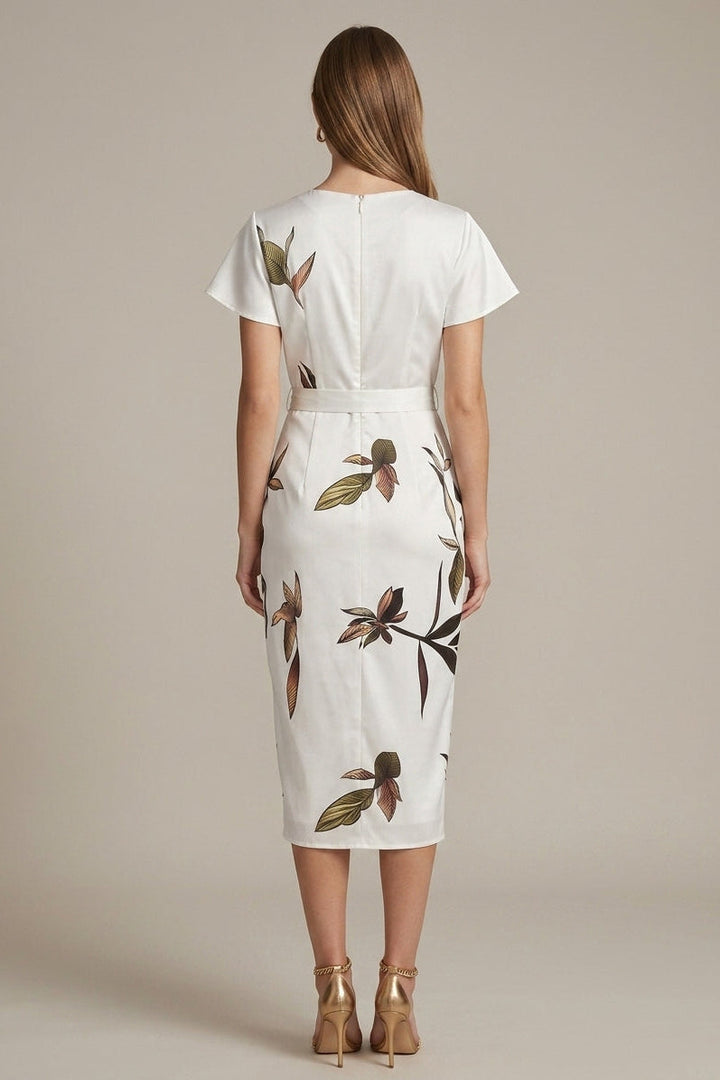 Stanislava | Leaf Pattern Shiny Wrap Midi Dress
