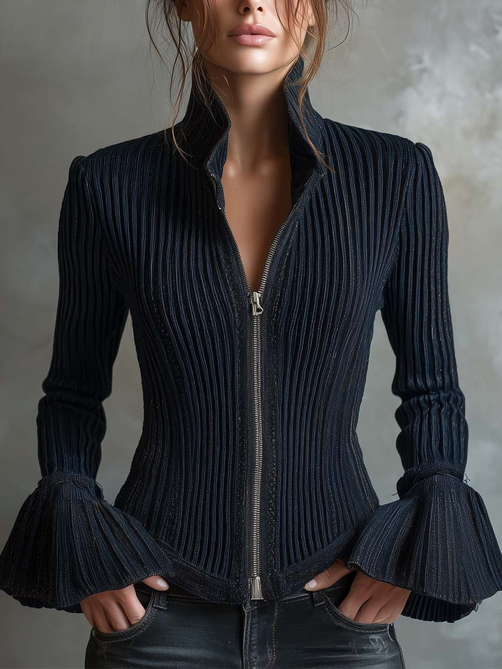 Embroidered Ribbed Jacket with Metallic Finish