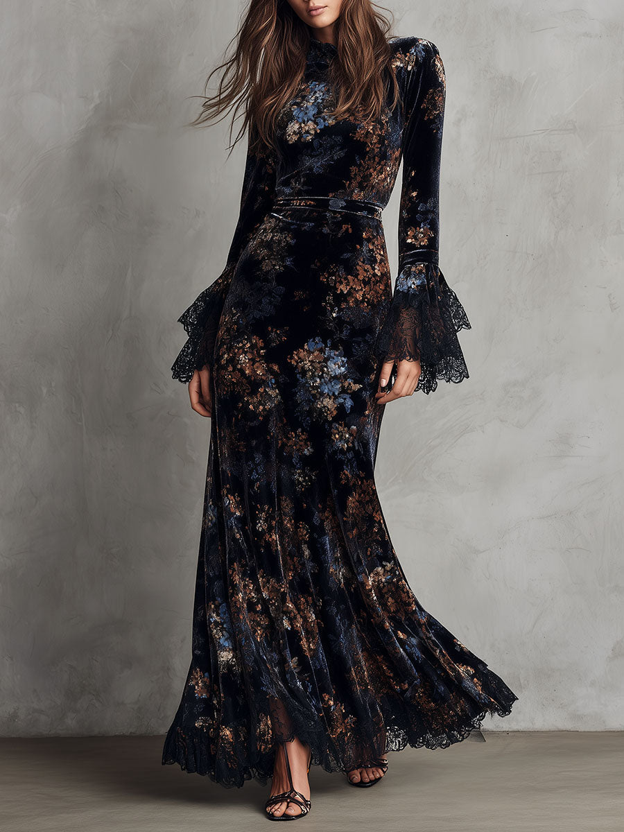 Evening Flow Velvet Dress with Floral Accents and Lace Bell Sleeves