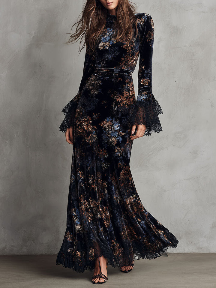 Evening Flow Velvet Dress with Floral Accents and Lace Bell Sleeves