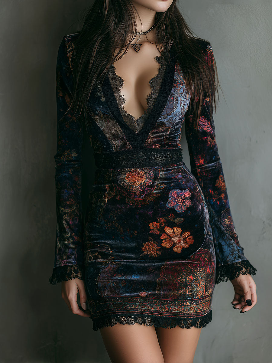 Floral Velvet V-Neck Lace Bodycon Mini Dress