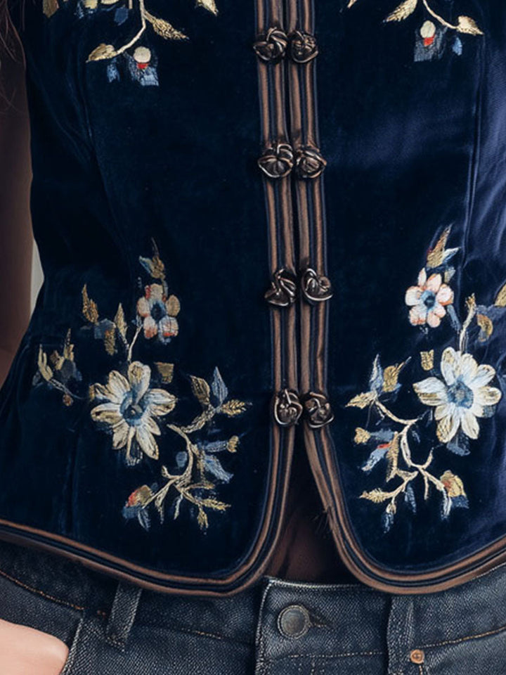Bohemian Embroidered Blue Velvet Gilet