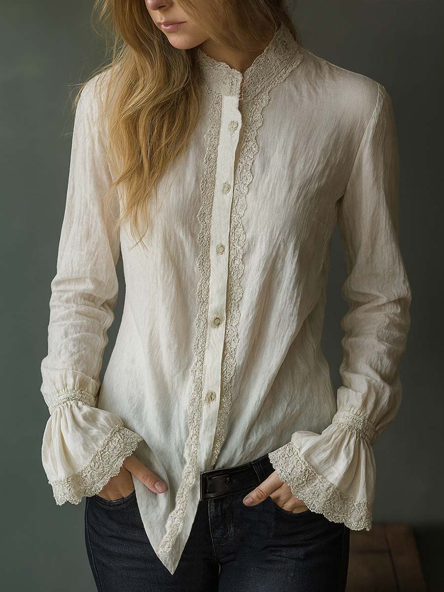 Vintage-Inspired Blouse with Lace Accents and Ruffled Details
