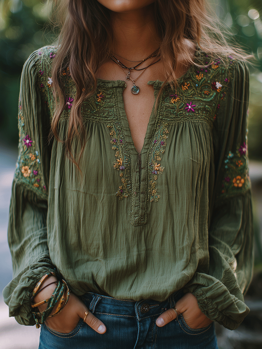 Olive Cotton Blouse with Floral Embroidery