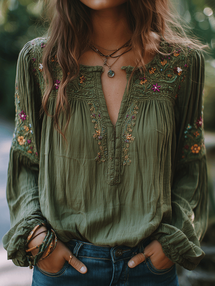 Olive Cotton Blouse with Floral Embroidery