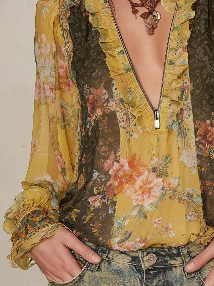 Striped Floral Satin Blouse with Zipper Detail