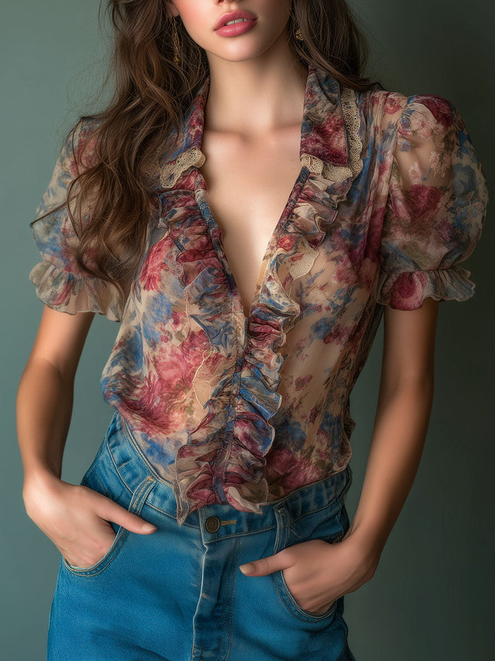 Retro Sheer Floral Blouse Featuring Stripes and Puff Sleeves