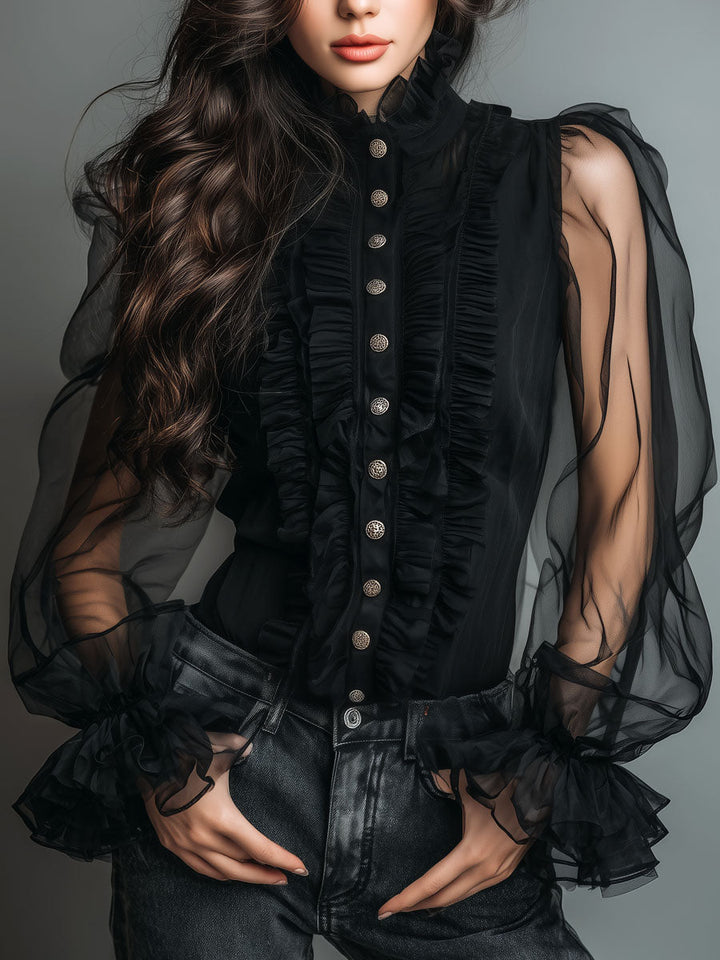 Classic Black Sheer Organza Blouse with High Neck and Tailored Fit