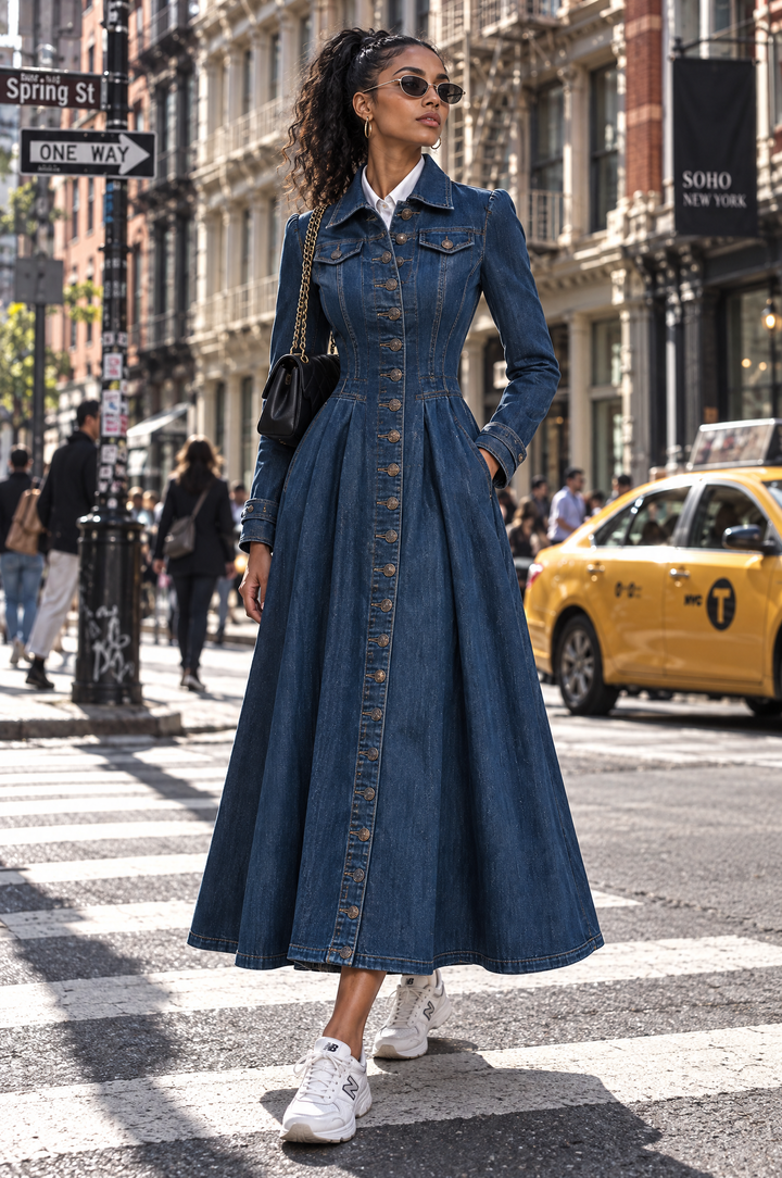 Vintage-Inspired Fitted Denim Coat with Single Button Closure