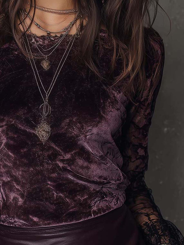Sheer-Sleeved Gothic Velvet and Lace Blouse