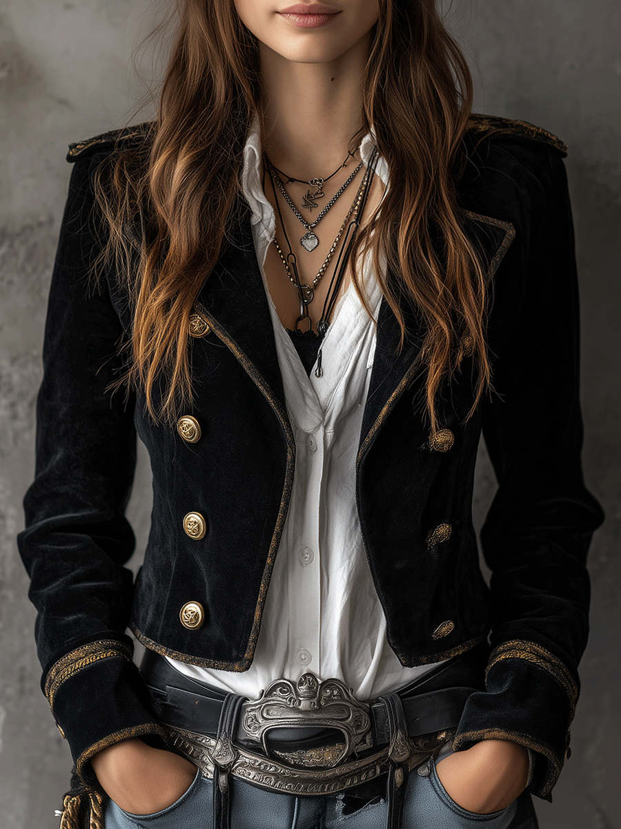 Vintage-Inspired Black Velvet Military Blazer with Gold Accents