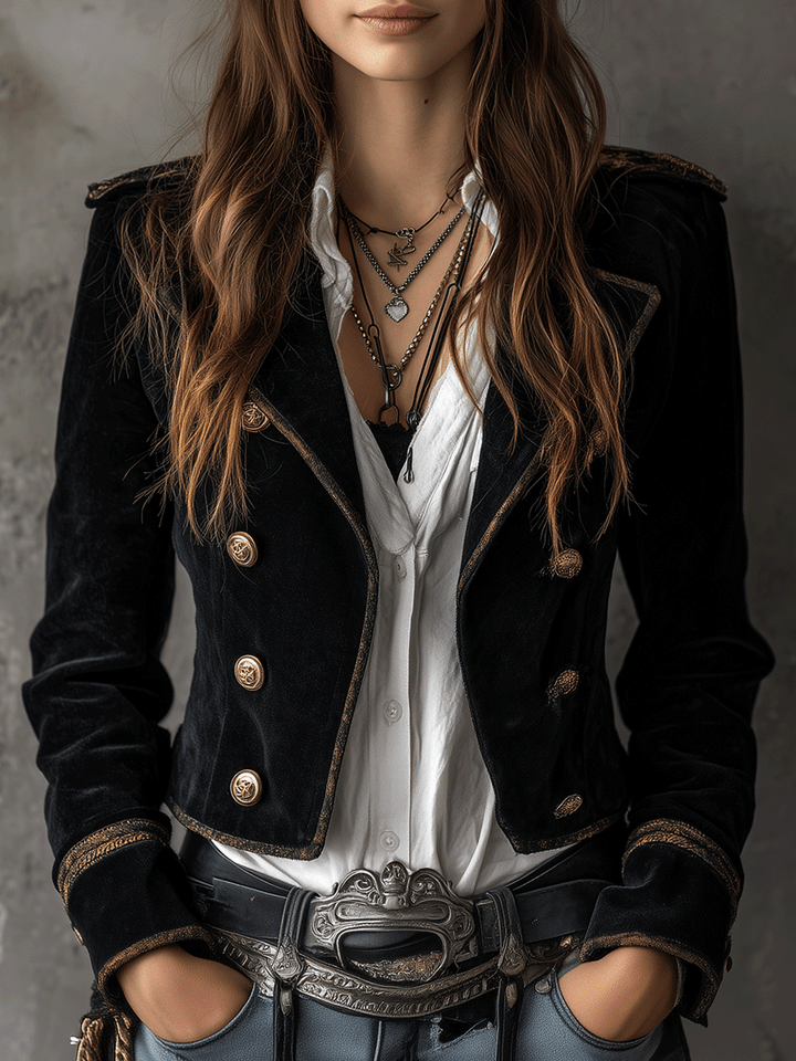 Vintage-Inspired Black Velvet Military Blazer with Gold Accents