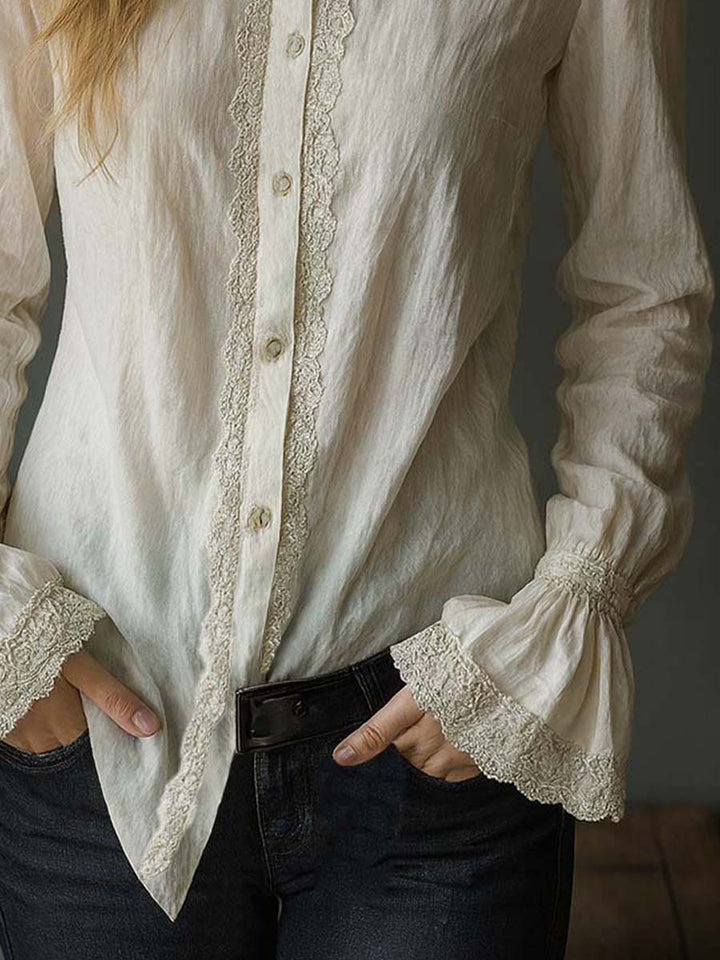 Vintage-Inspired Blouse with Lace Accents and Ruffled Details