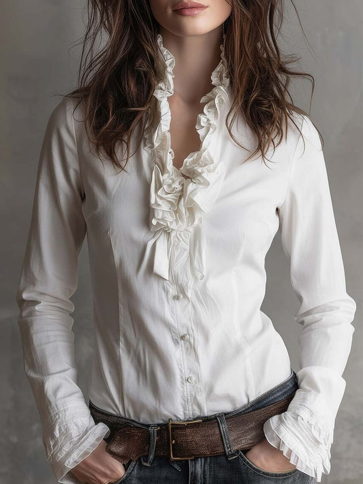 Vintage-Inspired White Blouse with Striped Accents