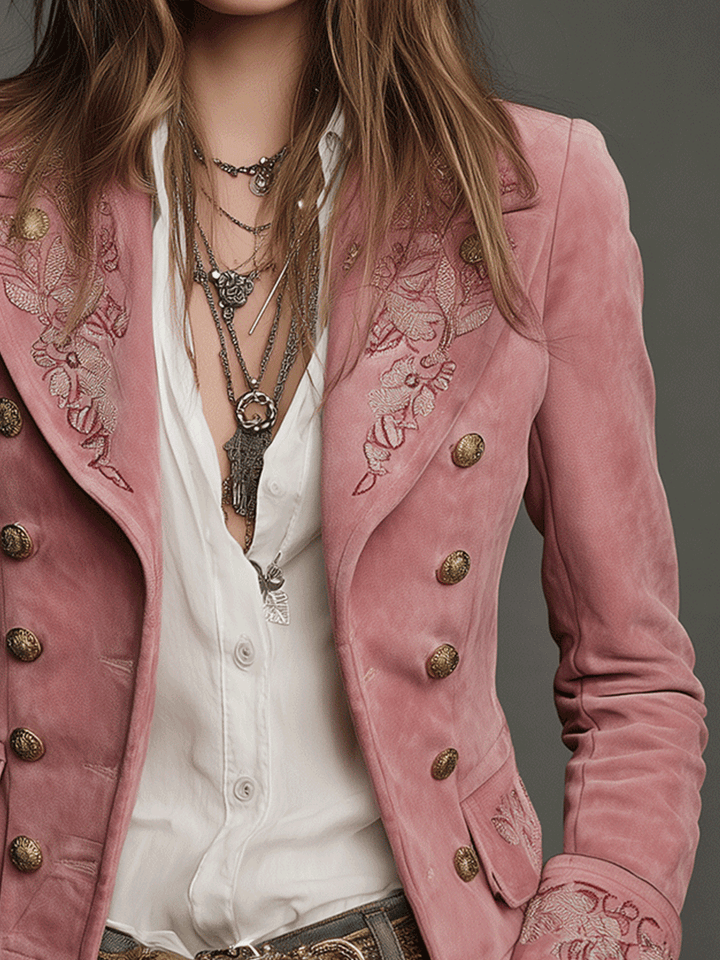 Retro Double-Breasted Suede Blazer Featuring Elegant Embroidery