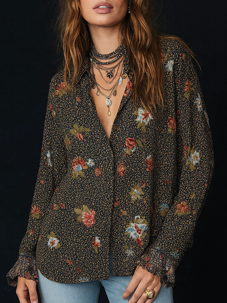 Vintage Floral Tee with Curved Hem and Stitched Sleeves